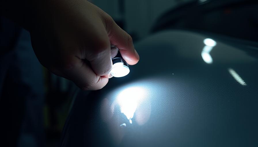 Experte analysiert Fahrzeuglack mit einer Inspektionslampe