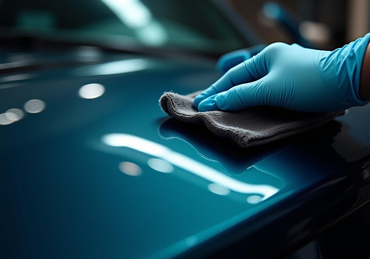 Nahaufnahme einer professionellen Fahrzeugaufbereitung mit Fokus auf Lichtreflexion